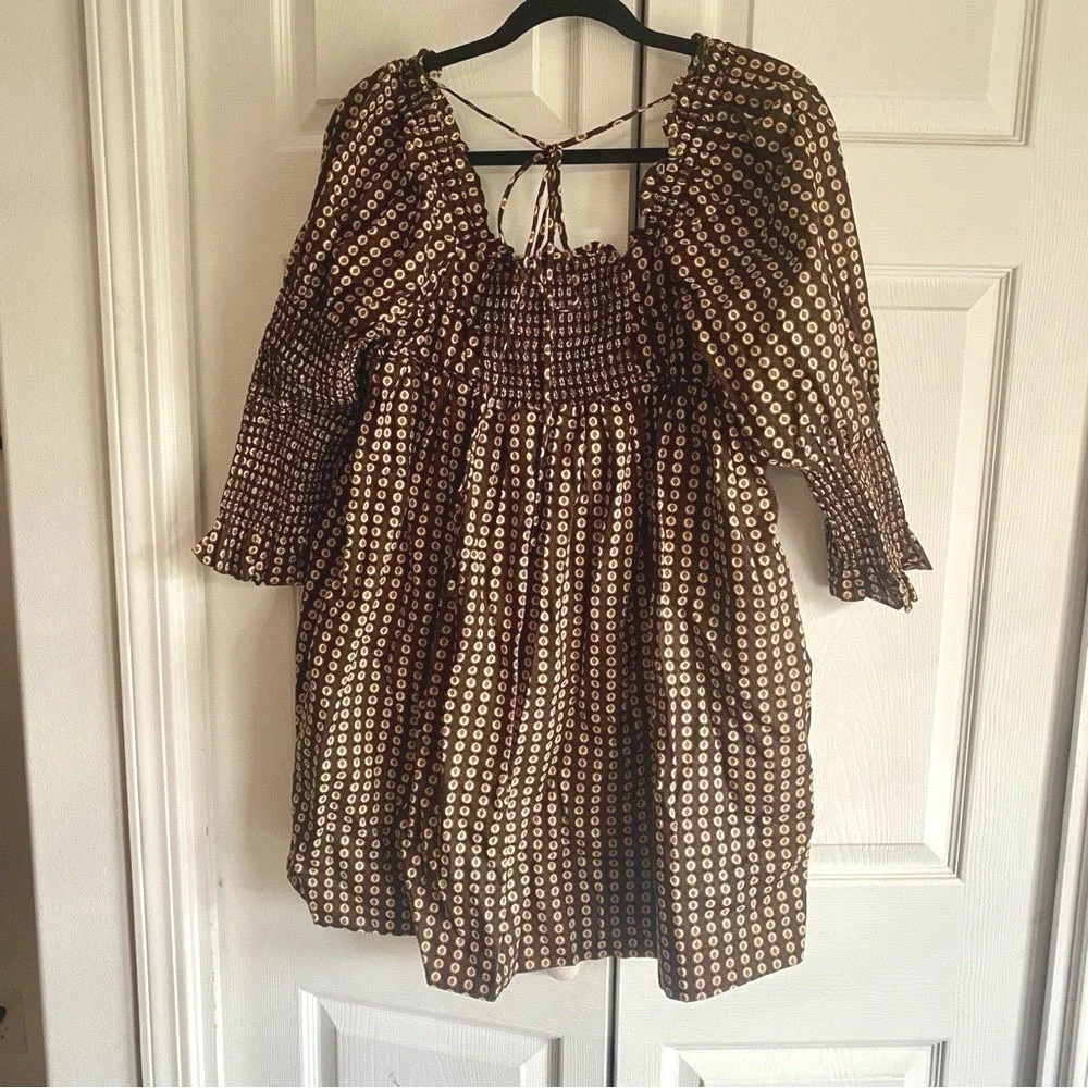Free People Brown Geometric Print Smocked Sleeve Mini Dress Square‎ Neck SMALL